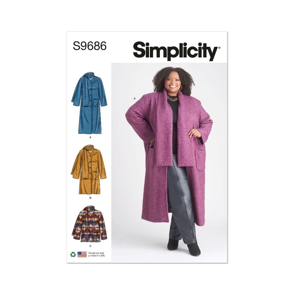 Simplicity S9686‎ Womens Coat Sewing Pattern With Scarf Variations Sizes 30w-38w